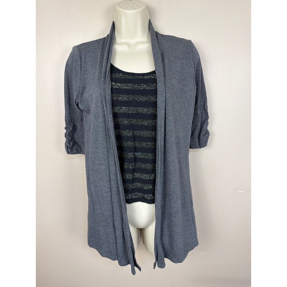 IZ Byer Women's Grey Black Cardigan Tank Top Set 3/4 Sleeve Ruched Size‎ Small